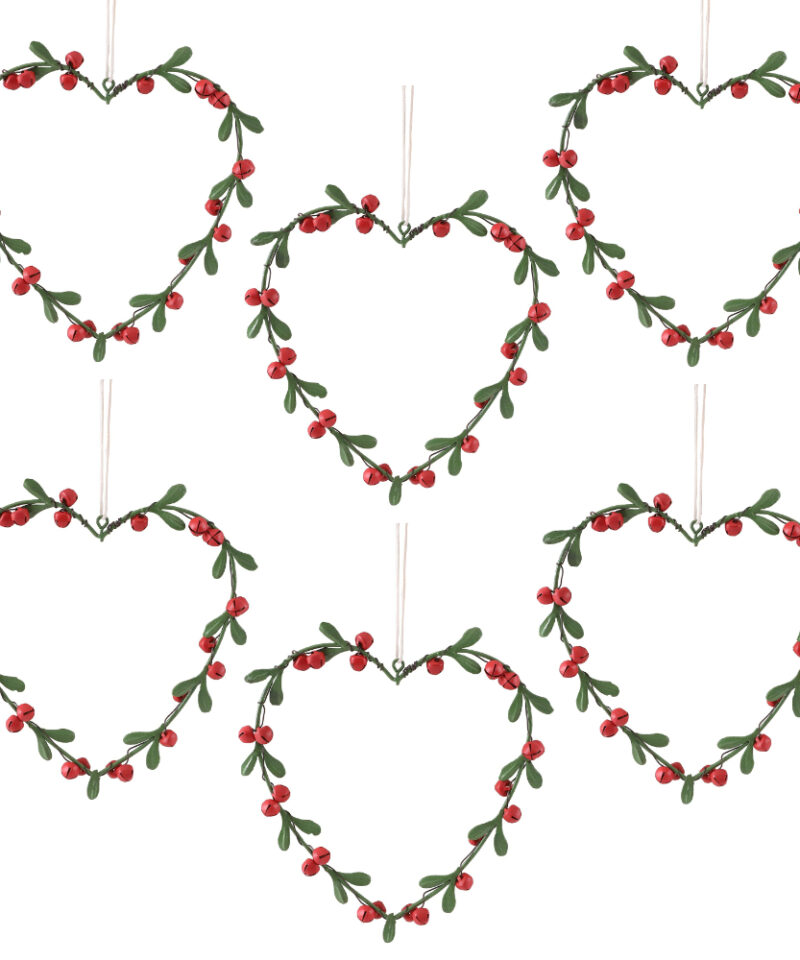 Toyland® Pack of 6 14cm Green and Red Heart Shape Metal Tree Decoration With Bells