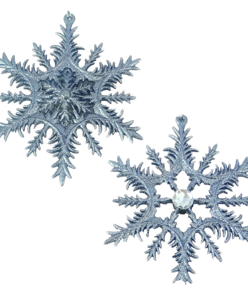 One Of Each Assorted Designed Glittery Pewter (Grey/Blue) Decorative Snowflake Tree Hangers- Christmas Tree Decoration