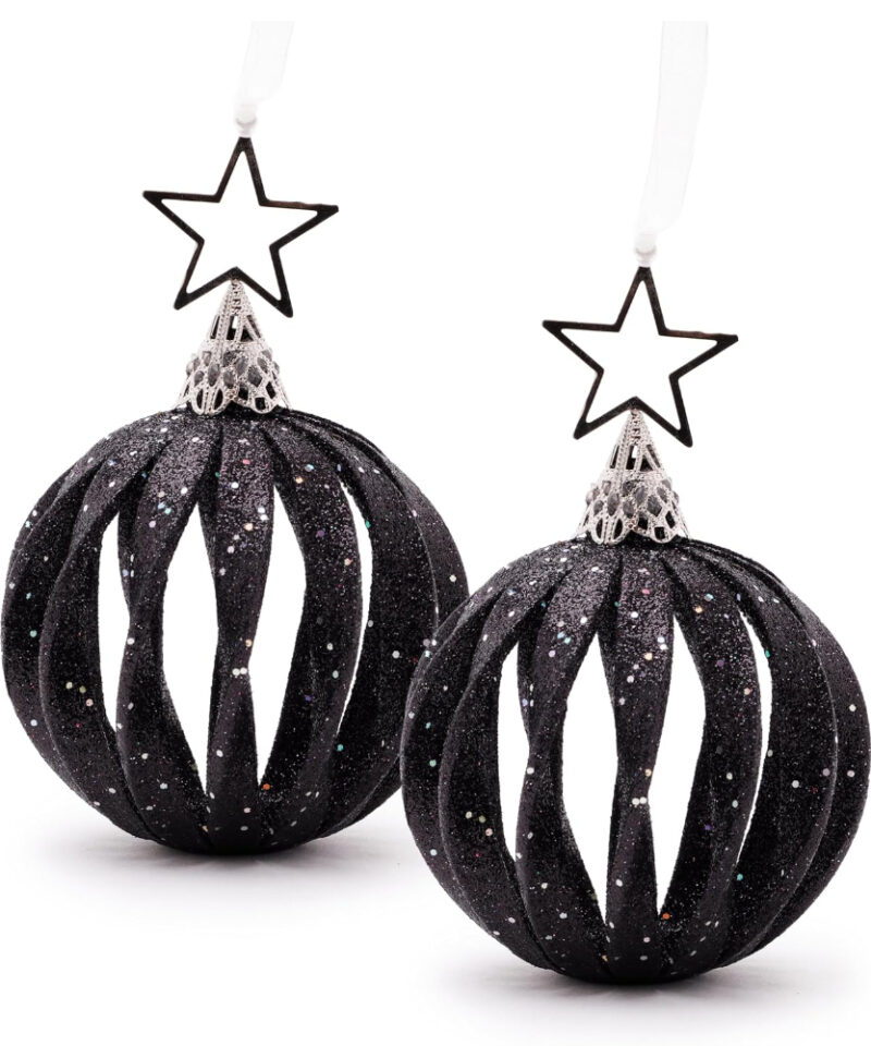 2 Glittery Black Twisted Baubles With Silver Star Topper - Christmas Tree Decorations