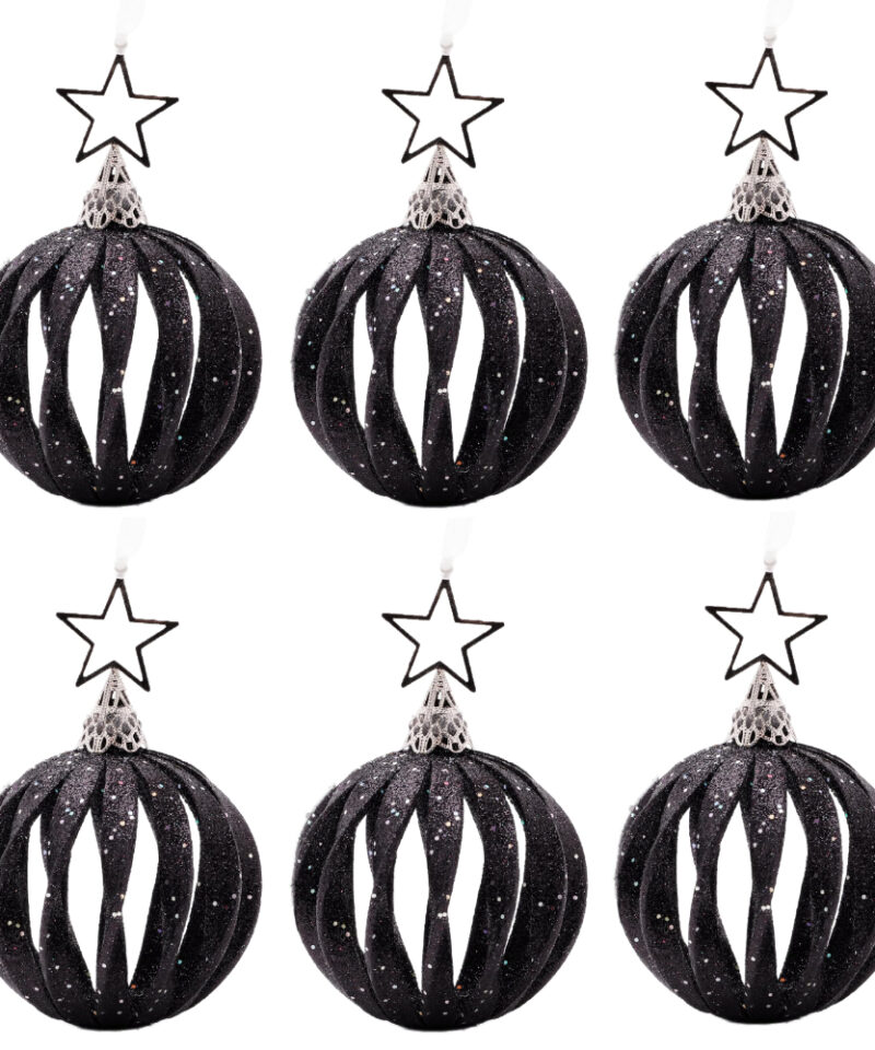 Pack of 6 - Glittery Black Twisted Baubles With Silver Star Topper - Christmas Tree Decorations