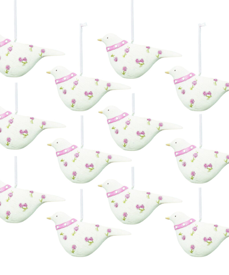 Toyland® Pack of 12-12cm Rose Decorated Hanging Doves Christmas Tree Decorations