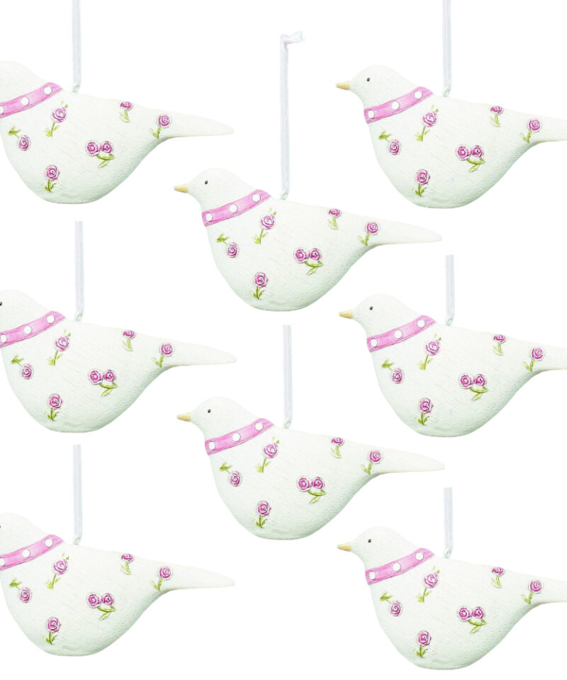 Toyland 8 - 12cm Off White Rose Decorated Dove Hanging Ornaments - Christmas Tree Decorations