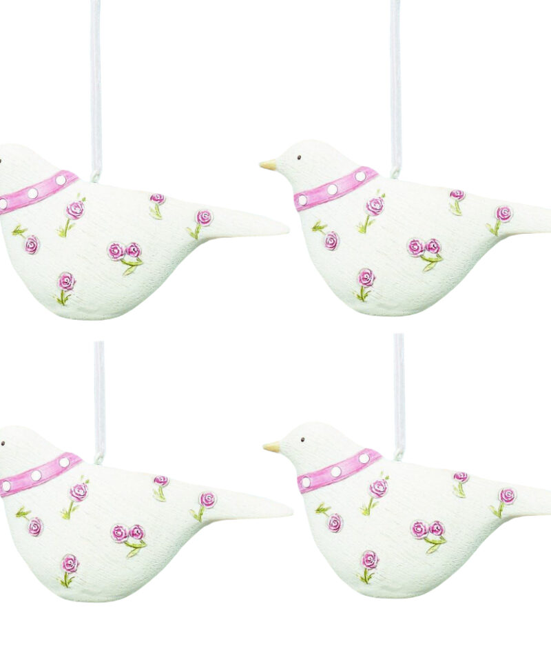 Toyland 4 - 12cm Off White Rose Decorated Dove Hanging Ornaments - Christmas Tree Decorations