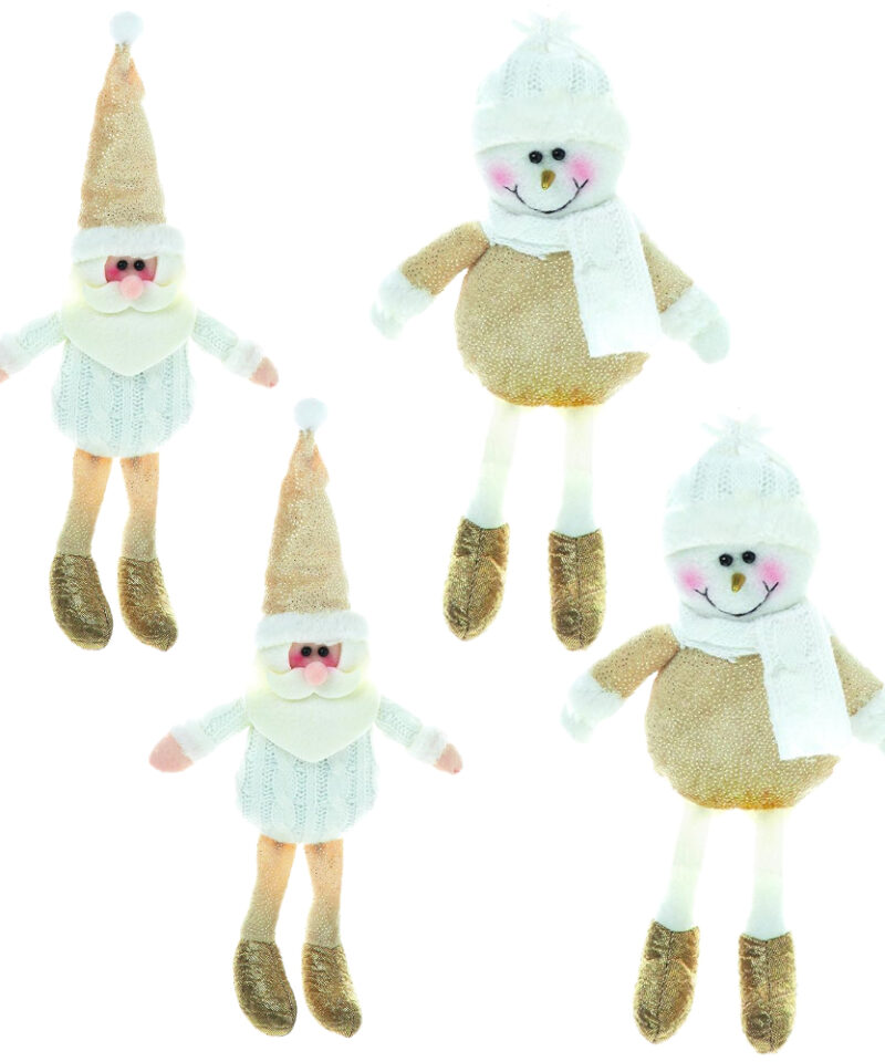 2 Snowman And 2 Santa 25cm Hanging Felt Plush Decorations With Sparkling Gold Features - Christmas Hanger