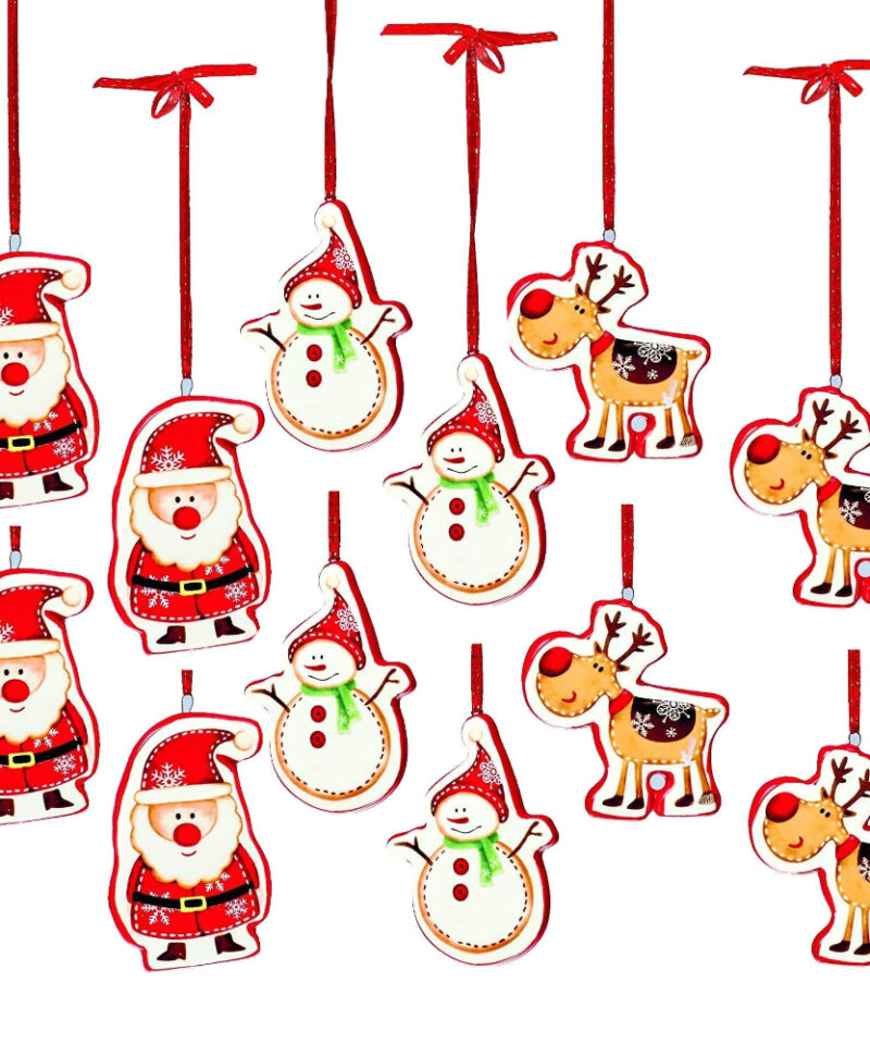 Toyland® Pack of 12-7cm Ceramic Hanging Santa, Snowman & Reindeer Christmas Tree Decorations