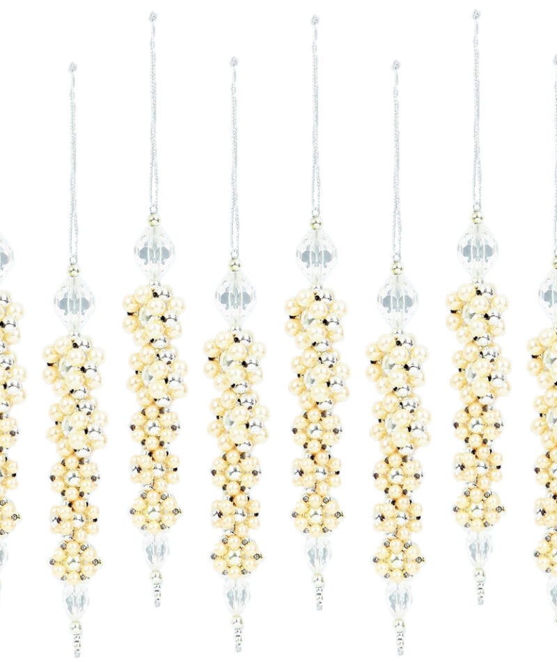 Toyland Pack of 8 - Shiny Silver And Ivory Bead Coated Icicle Decorations With Faux Jewels - Perfect Christmas Tree Decoration