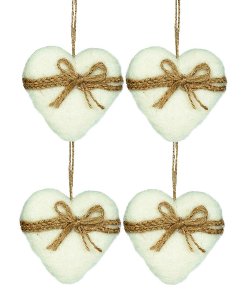 Toyland Pack of 4-10cm White Woollen Heart Christmas Tree Bauble Decoration