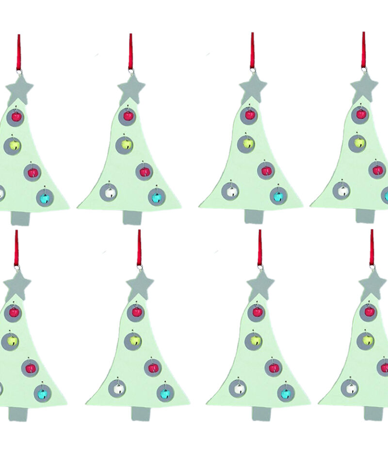 Eight Christmas Tree Shaped Green Tree Hangers With Pale Multi-Coloured Bells - Christmas Decoration