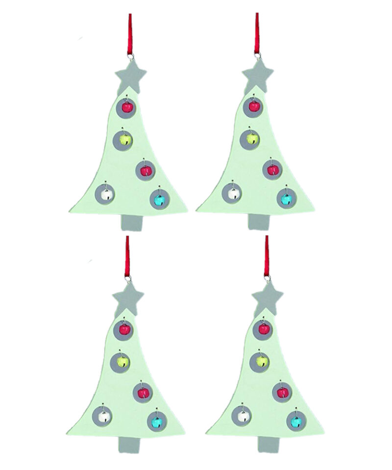 Four Christmas Tree Shaped Green Tree Hangers With Pale Multi-Coloured Bells - Christmas Decoration