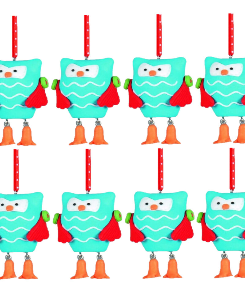 Eight 6cm Bright Blue Decorated Clay Owl Decoration - Christmas Tree Hanger