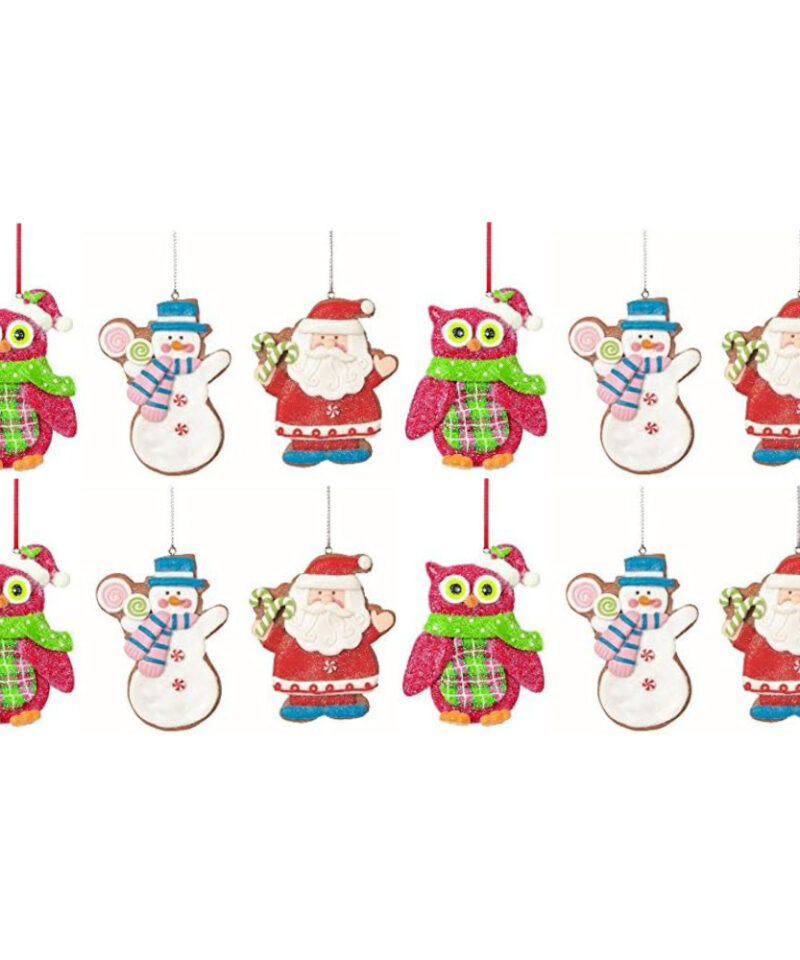 Toyland Four Of Each Adorable 9cm Colourful Claydough Assorted Design Tree Trims Coated In Glitter - Santa, Snowman And Owl