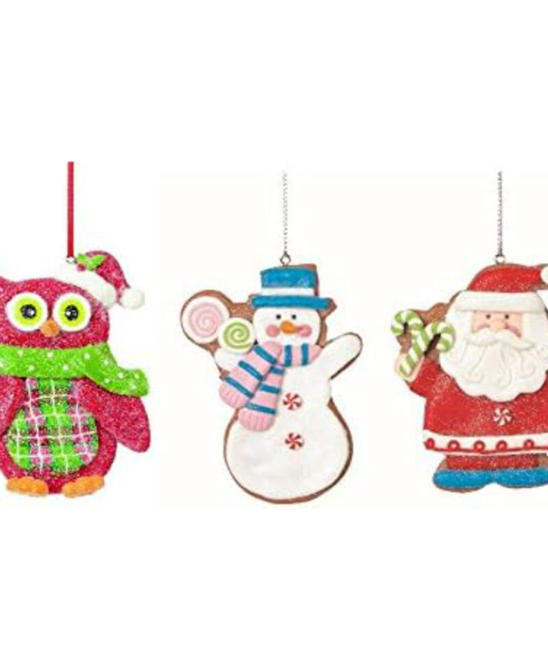 Toyland One Of Each Adorable 9cm Colourful Claydough Assorted Design Tree Trims Coated In Glitter - Santa, Snowman And Owl