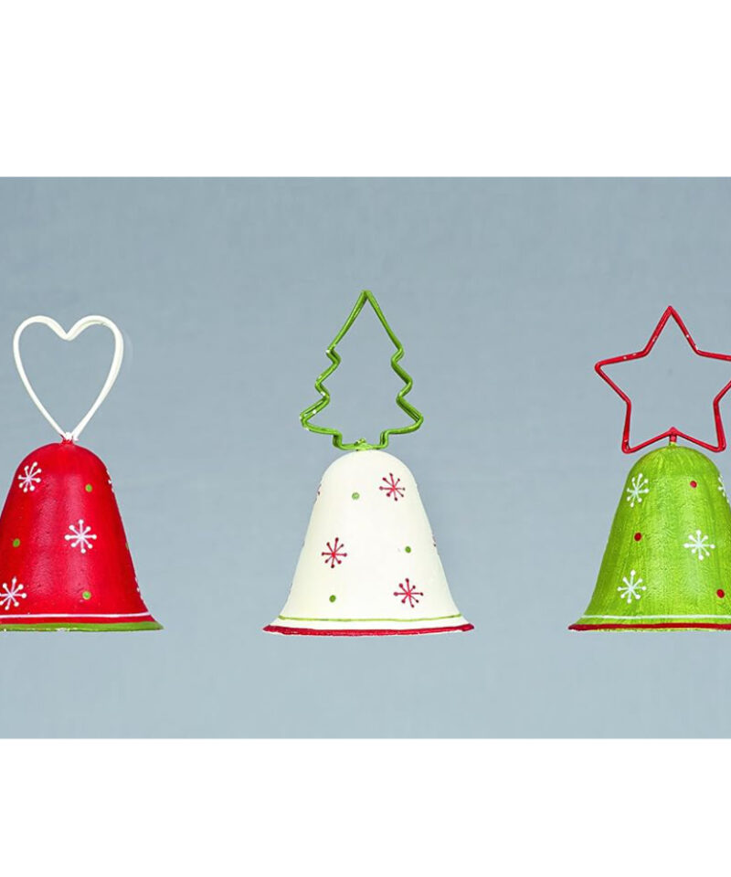 Toyland® Set of 3-10cm Christmas Themed Bell Decoration With Festive Shaped Tops - Assorted Colours