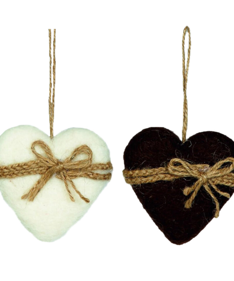 Toyland Pack of 2-10cm White and Brown Woolen Heart Christmas Tree Bauble Decoration