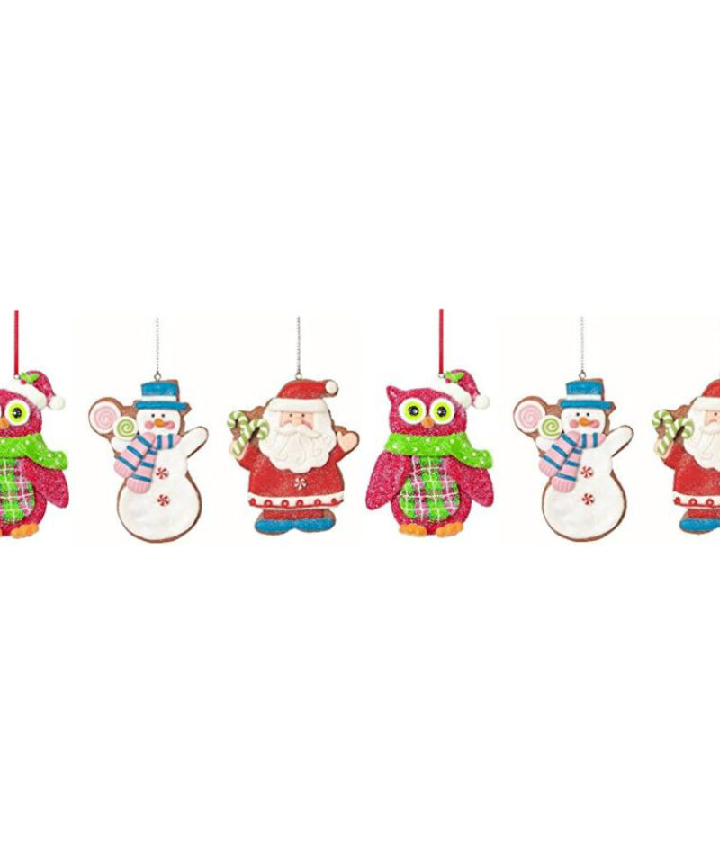 Two Of Each Adorable 9cm Colourful Claydough Assorted Design Tree Trims Coated In Glitter - Santa, Snowman And Owl
