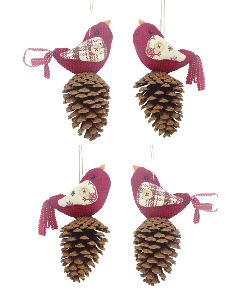 Toyland Pack of 4-17cm Plaid Fabric Bird Christmas Decorations - Festive Decor