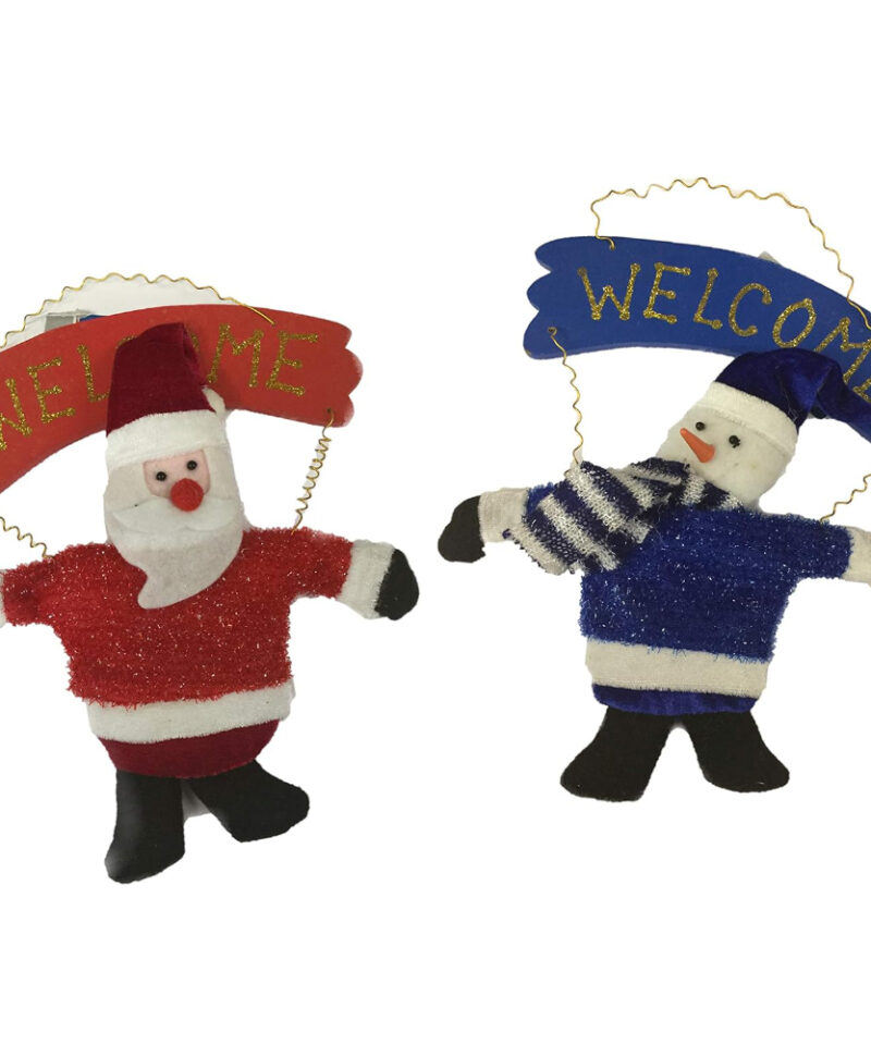 26cm Wooden 'Welcome' Sign Hanging Decoration - Santa & Snowman - Christmas Decorations