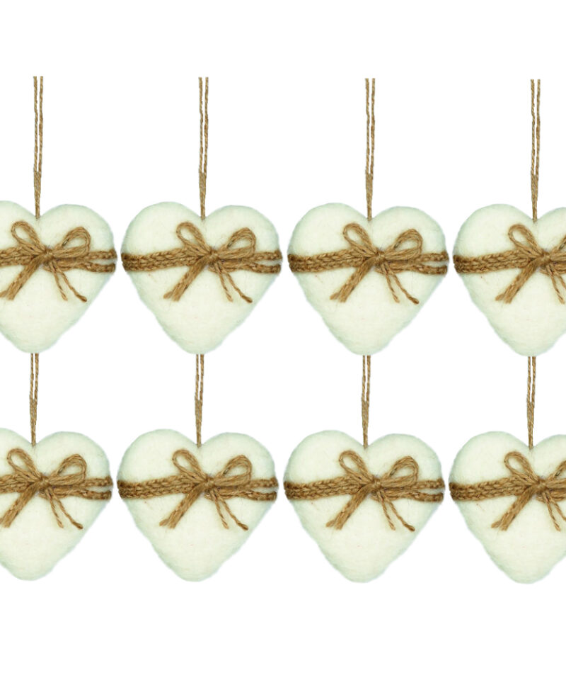 Toyland Pack of 8-10cm White Woollen Heart Christmas Tree Bauble Decoration