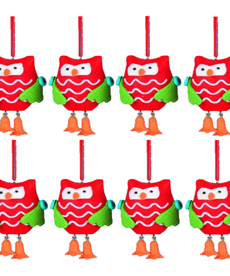 Eight 6cm Bright Red Decorated Clay Owl Decoration - Christmas Tree Hanger