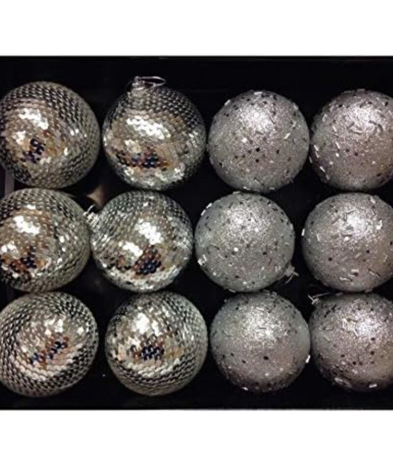 Toyland® Pack of 12-8cm Deluxe Silver Baubles - Silver Glitter Sequin Design - Christmas Tree Decorations