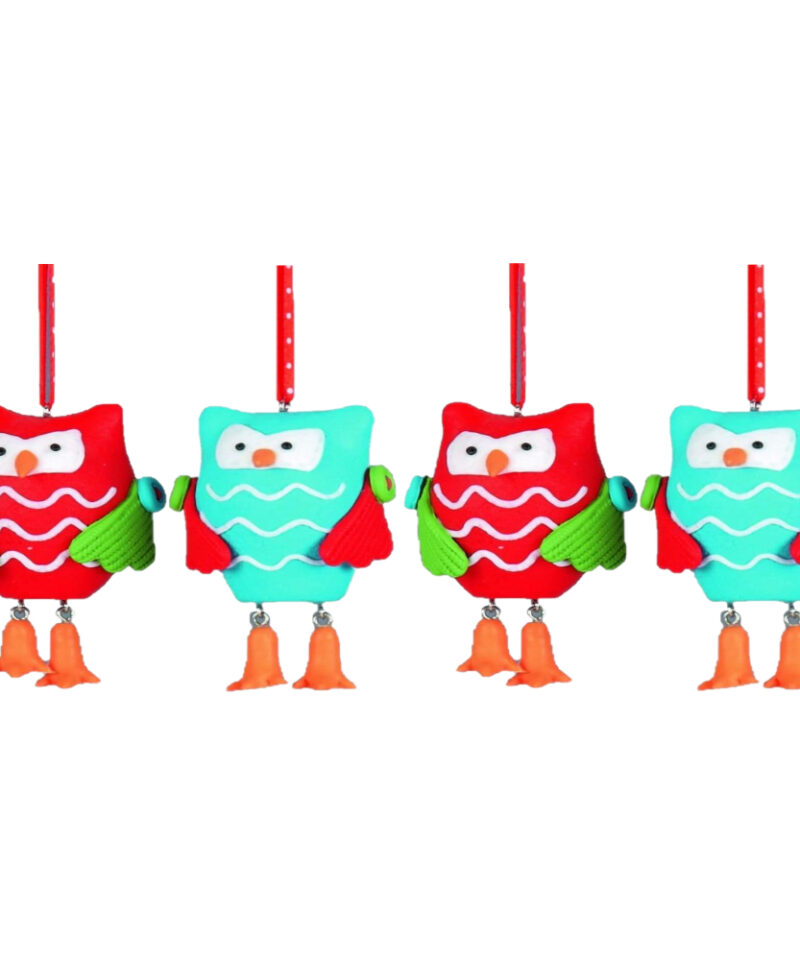 Two Bright Blue And Two Bright Red Decorated Clay Owl Decorations - Christmas Tree Hanger
