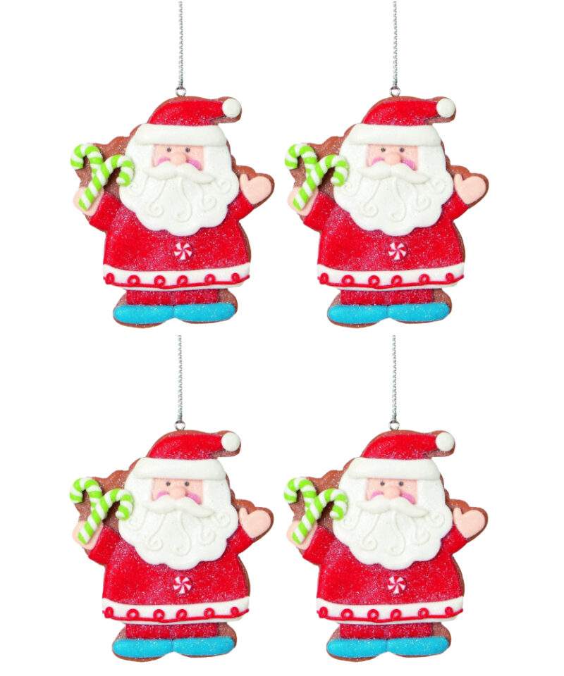 Toyland® Four Adorable 9cm Colourful Claydough Santa Design Tree Trims Coated In Glitter - Christmas Tree Decorations