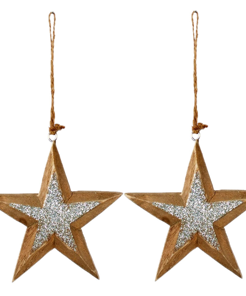 Toyland® Pack of 2-13cm Wooden Silver Glitter Star - Christmas Tree Decoration