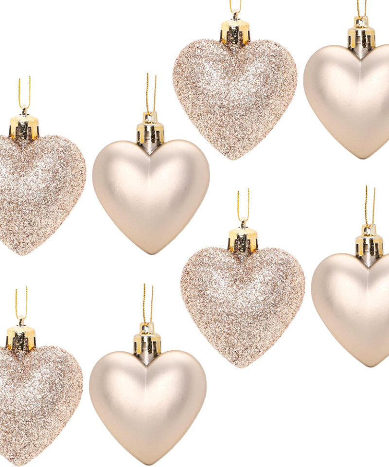 8 x 5cm CHAMPAGNE GOLD Glitter + Matte Heart Shaped Christmas Tree Baubles