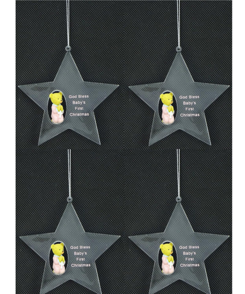 Pack Of 4 Girls "God Bless Baby's First Christmas" Star Shaped Tree Decorations - Christmas Decorations…