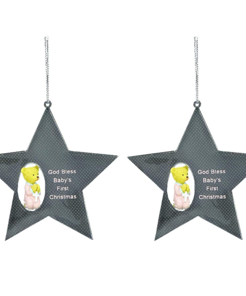 Pack Of 2 Girls "God Bless Baby's First Christmas" Star Shaped Tree Decorations - Christmas Decorations…