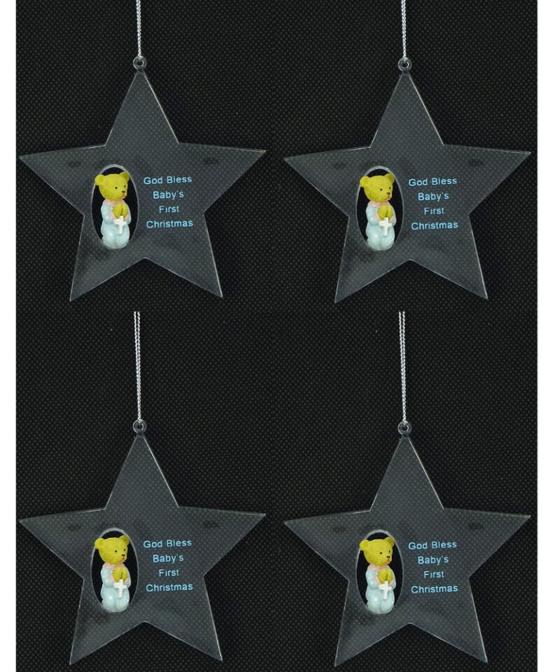 Pack Of 4 Boys "God Bless Baby's First Christmas" Star Shaped Tree Decorations - Christmas Decorations…