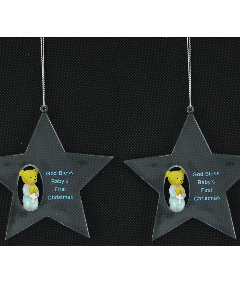 Pack Of 2 Boys "God Bless Baby's First Christmas" Star Shaped Tree Decorations - Christmas Decorations…