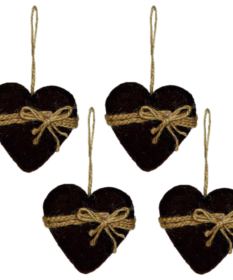Toyland Pack of 4-10cm Brown Wollen Heart Christmas Tree Bauble Decoration