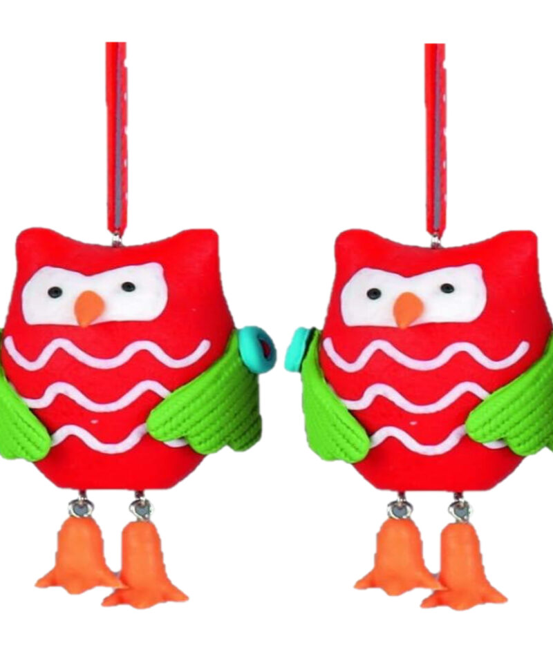 Two 6cm Bright Red Decorated Clay Owl Decoration - Christmas Tree Hanger