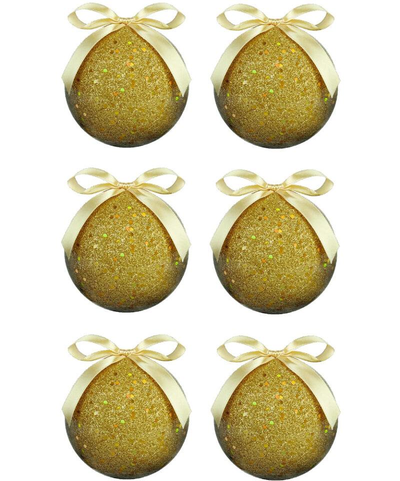 Pack Of 6 - 10cm Gold Glittery Christmas Baubles With Ribbon - Christmas Tree Decorations…