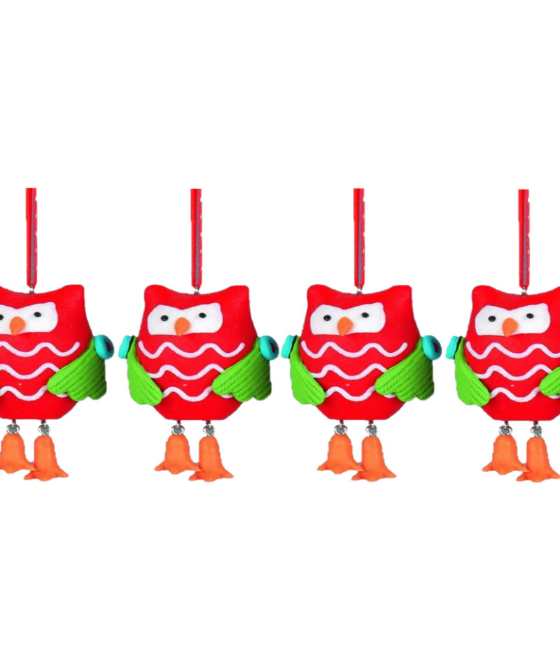 Four 6cm Bright Red Decorated Clay Owl Decoration - Christmas Tree Hanger