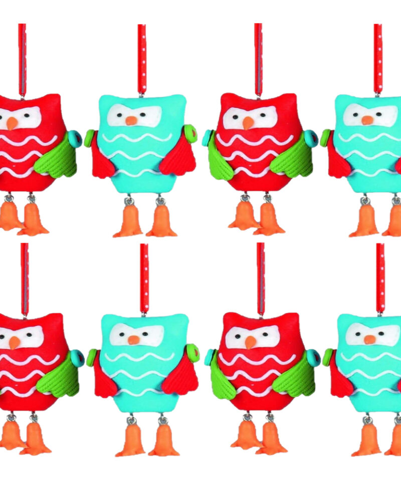 Four Bright Blue And Four Bright Red Decorated Clay Owl Decorations - Christmas Tree Hanger