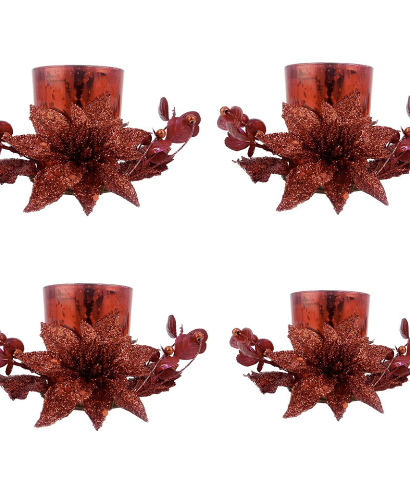Toyland 4 Glittery Red Candle Holders With Sparkling Leafs, Flowers And Berries