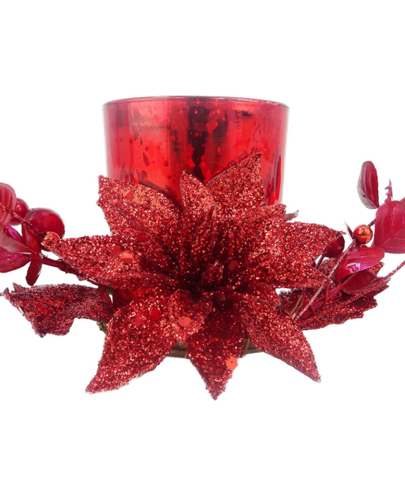 Toyland Glittery Red Candle Holder With Sparkling Leafs, Flowers And Berries
