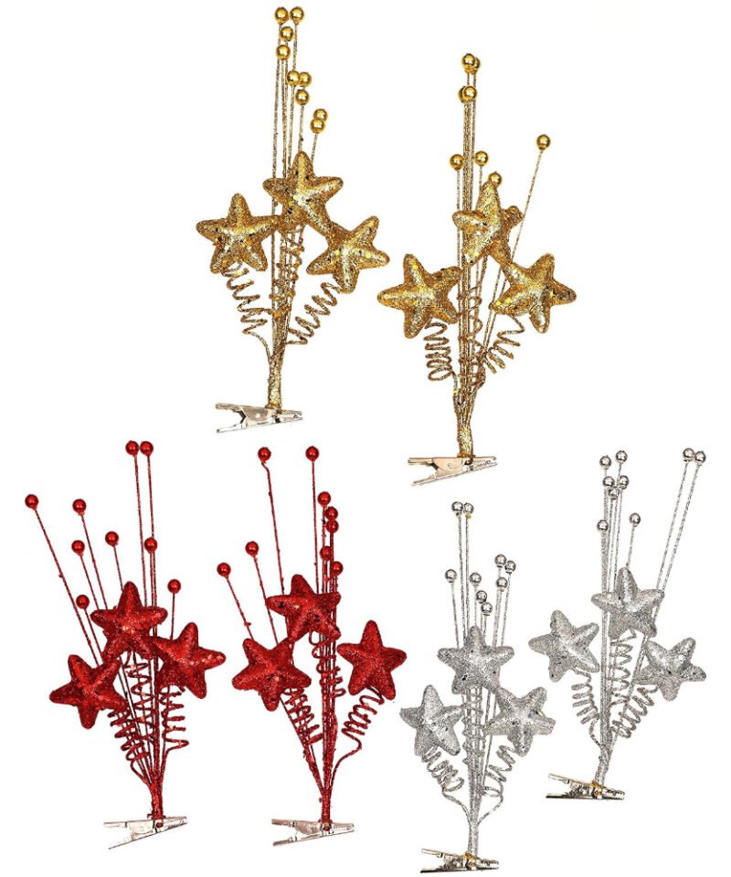 Set Of 2 Glittery Silver Star Tree Clips With Decorative Silver Balls - Christmas Decorations