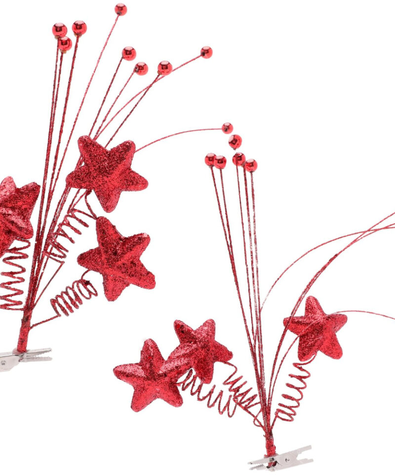 Set Of 2 Glittery Red Star Tree Clips With Decorative Red Balls - Christmas Decorations