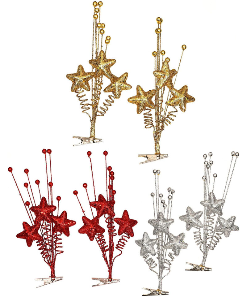 Set Of 2 Glittery Gold Star Tree Clips With Decorative Gold Balls - Christmas Decorations