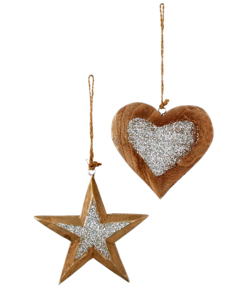Toyland® Pack of 2-12cm Wooden Silver Glitter Heart and Star - Christmas Tree Decoration