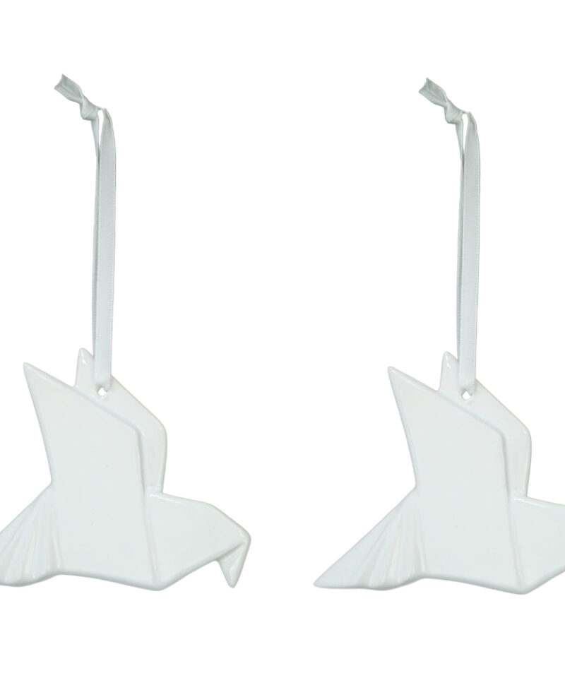 Toyland Two White 9cm Hanging Origami Style Bird Tree Trims - Christmas Tree Decorations