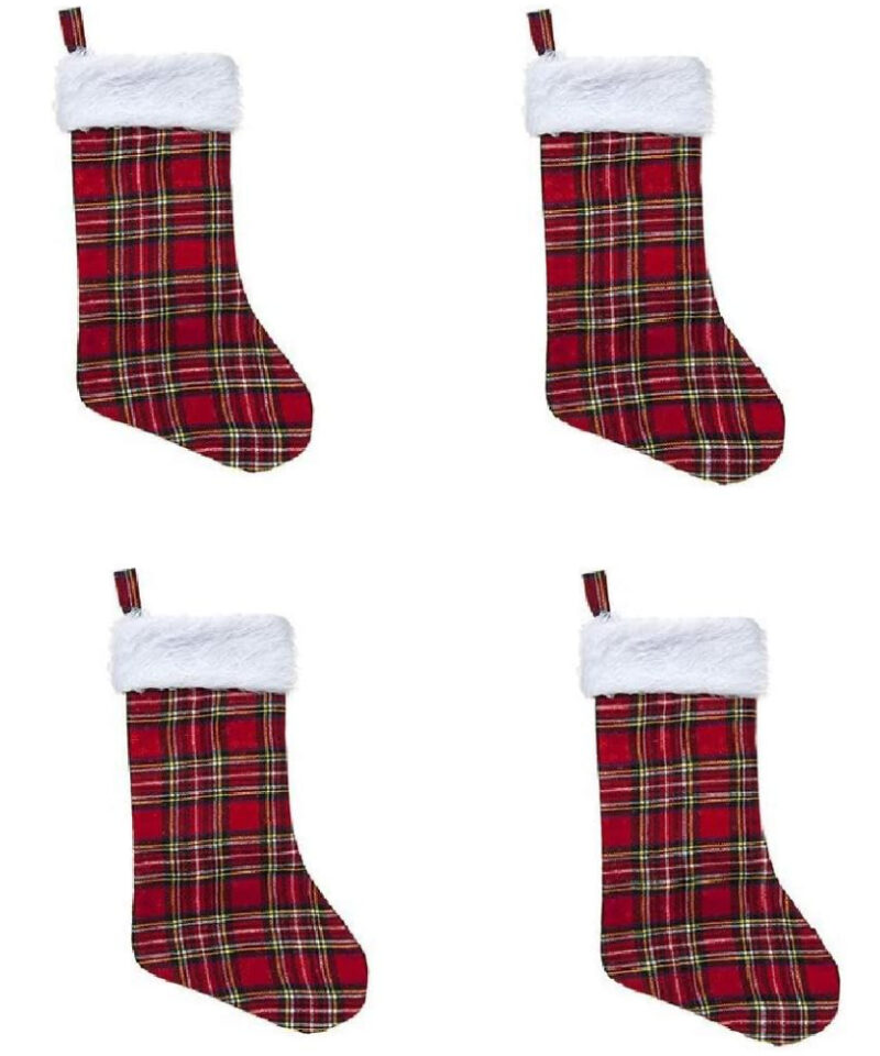 Toyland® Pack Of 4 - 44cm Traditional Tartan Christmas Stockings With Fur Trim - Christmas Stockings