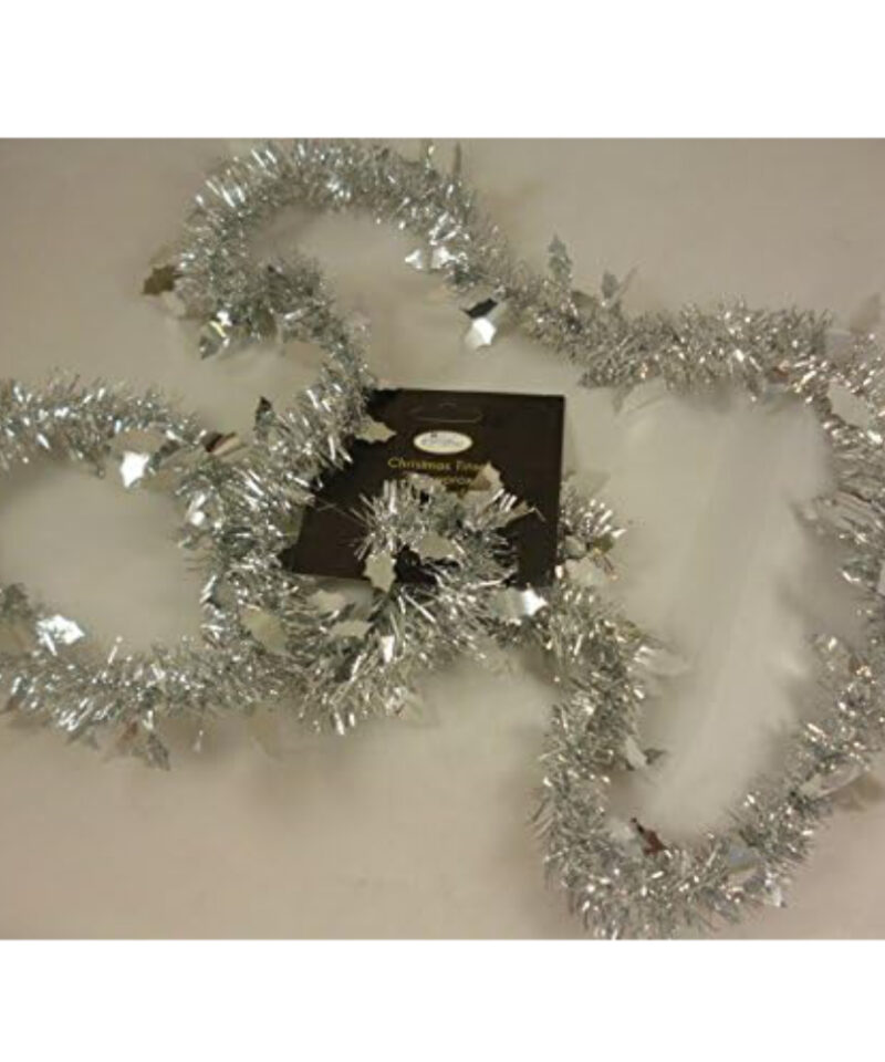 Toyland 2 Metre Silver Christmas Tree Tinsel with Holly Design