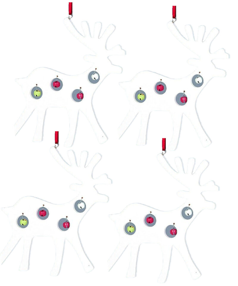 Four Reindeer Shaped White Tree Hangers With Pale Multi-Coloured Bells - Christmas Decoration