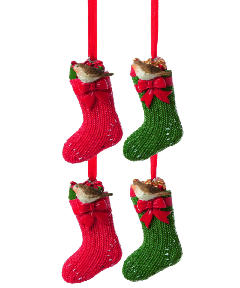 Pack of 4 - Green & Red Stocking Tree Trims With Decorative Robin Perched On Top - Christmas Hanger