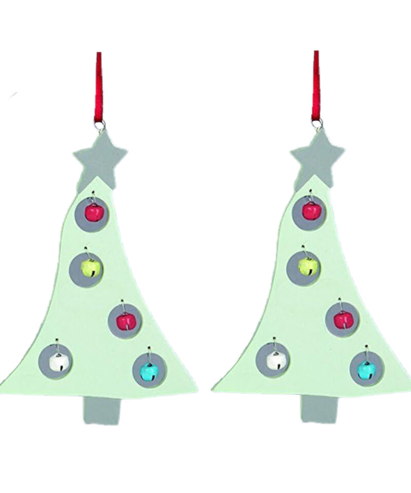 Two Christmas Tree Shaped Green Tree Hangers With Pale Multi-Coloured Bells - Christmas Decoration