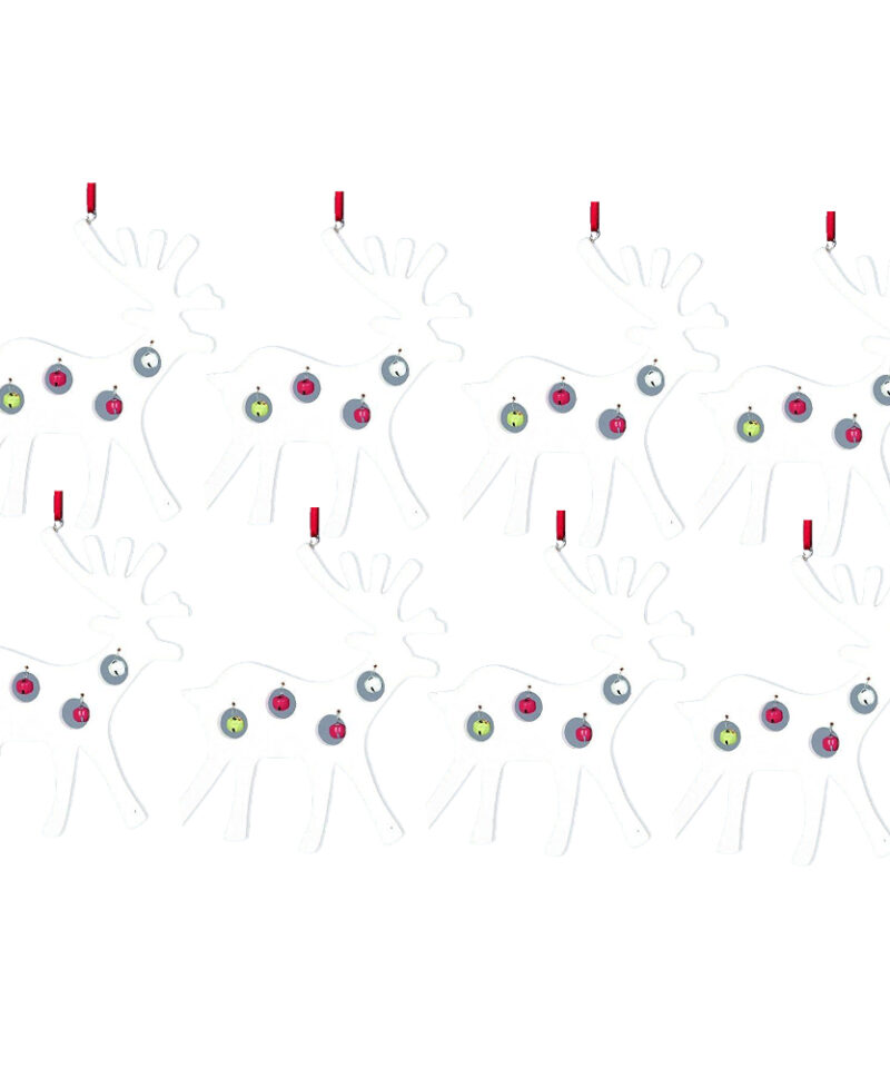 Eight Reindeer Shaped White Tree Hangers With Pale Multi-Coloured Bells - Christmas Decoration